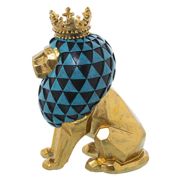 Goldener Deko-Löwe mit Krone und blau-schwarzer Mähne. Figur aus Kunststoff.