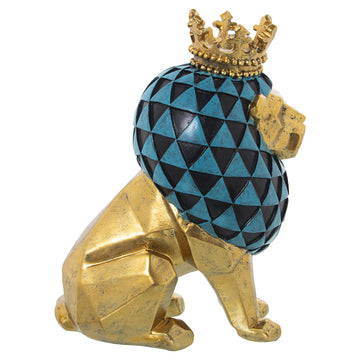 Goldene Deko-Figur Löwe mit Krone und blau-schwarzer Mähne im geometrischen Design.