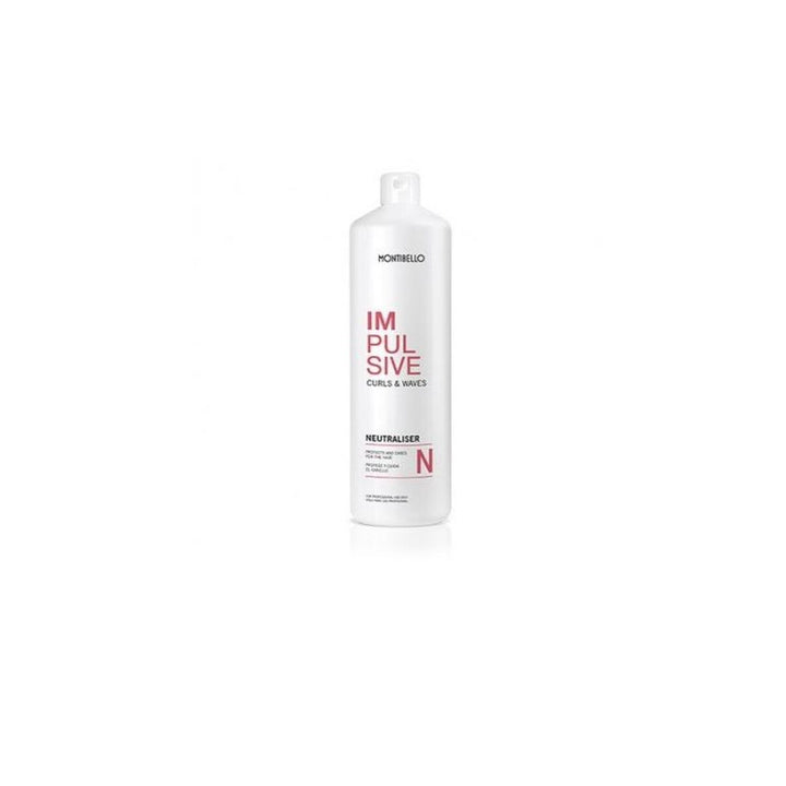 Weiße Montibello Impulsive Neutraliser Flasche für Wellen und Locken mit roter Schrift.