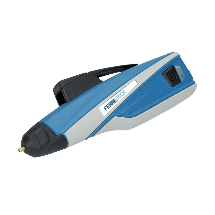 Blaue Heißklebepistole Ferrestock 10 W mit Messingdüse und schwarzem Griff.