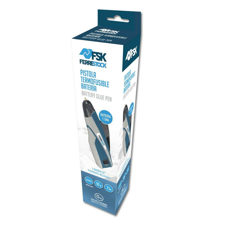 Verpackung einer blauen Ferrestock 10W Heißklebepistole mit 1,5Ah Batterie und 7mm Düse.