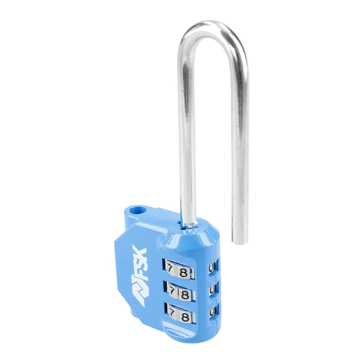Blaues Ferrestock Kombinationsschloss mit offenem Bügel und dreistelligem Zahlencode.