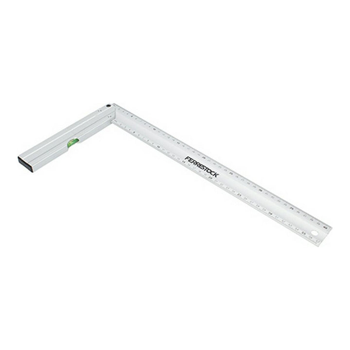Silberner Kader Ferrestock 400 mm mit Messmarkierungen und Wasserwaage für präzise Winkel.