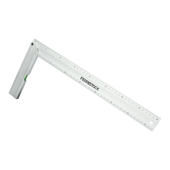 Silberner Ferrestock Kader 400 mm mit deutlichen Messmarkierungen und Libelle für präzise Winkel.