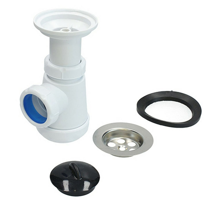 Weißes Spülbecken Siphon Fontastock 1/2" mit Metallsieb und Dichtung.