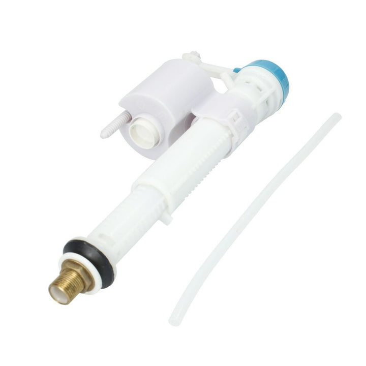 Weisses Fontastock Ventil aus Hartplastik mit blauem Deckel und Messingende.