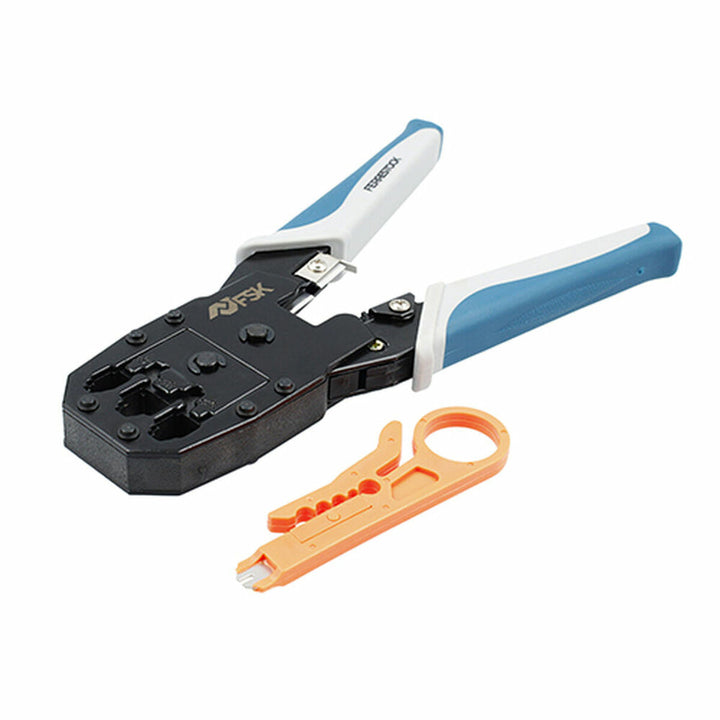 Ferrestock Crimpzange für RJ45/RJ11 mit Abisolierer. Hauptsächlich schwarz mit blau/weißen Griffen.