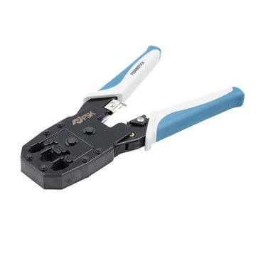 Ferrestock Crimpzange für RJ45/RJ11 Kabel. Abisolierzange mit blau-weißen Griffen.