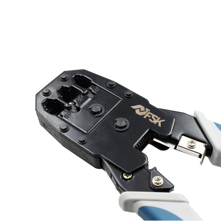 Ferrestock Crimpzange für RJ45/RJ11 mit Abisolierzange. Hauptsächlich Schwarz mit blauen Griffen.