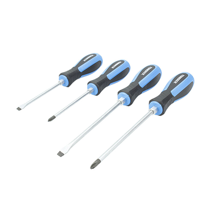 Ferrestock Schraubendreher-Set mit 4 Teilen. Blaue und schwarze Griffe, Schlitz- und Kreuzschlitzschraubendreher.