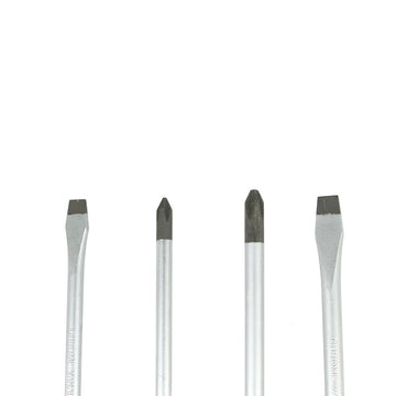 Ferrestock Schraubendreher-Set mit 4 Stück: Flachkopf und Kreuzschlitz, silberne Griffe.