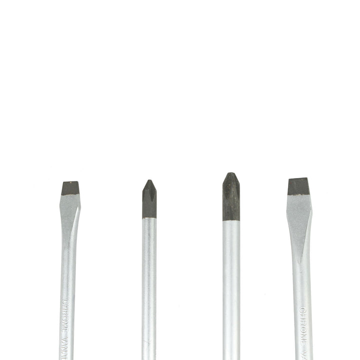 Ferrestock Schraubendreher-Set mit 4 Stück: Flachkopf und Kreuzschlitz, silberne Griffe.