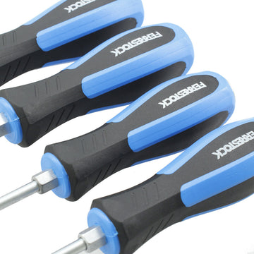 Ferrestock Schraubendreher Set mit ergonomischen, blau-schwarzen Griffen und silberfarbenen Schäften.