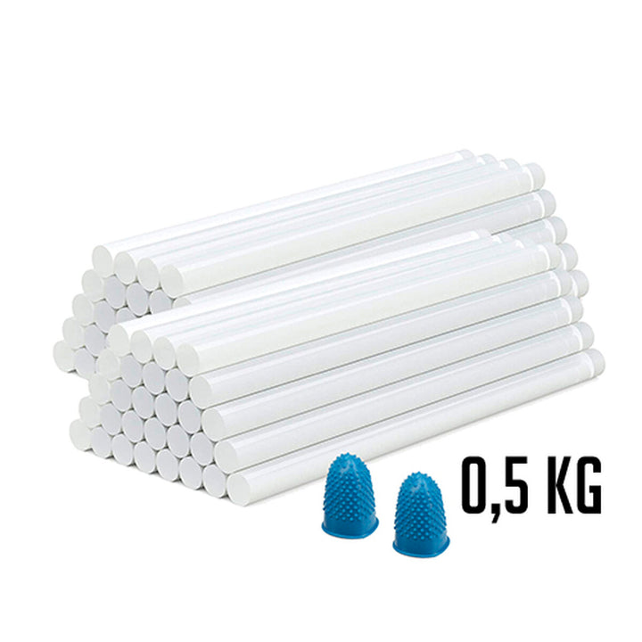 Durchsichtige Ferrestock Klebestifte (60 Stück, Ø 7 mm) im Bündel mit blauen Fingerschutz.