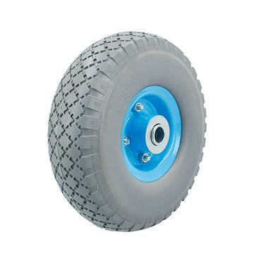 Graues Ferrestock Wagen Rad (Ø 12,5 cm) mit blauer Nabe und robustem Reifenprofil.