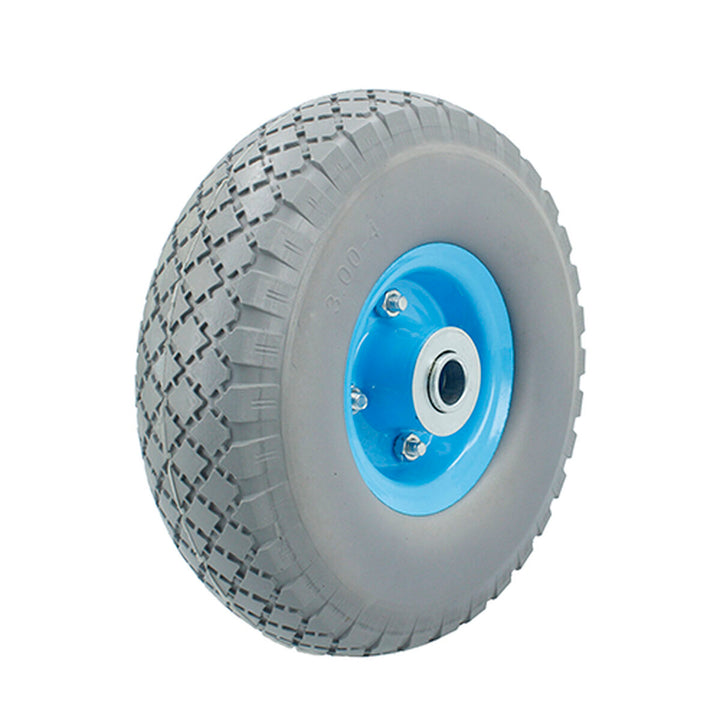 Graues Ferrestock Wagen Rad (Ø 12,5 cm) mit blauer Nabe und robustem Reifenprofil.