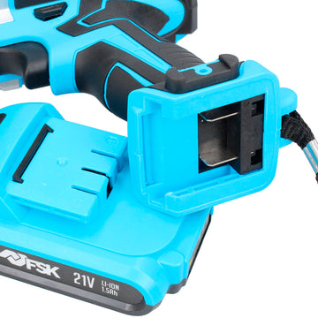 Ferrestock 21V Akku-Bohrmaschine mit blau-schwarzem Farbschema und abnehmbarem 21V Lithium-Ionen-Akku.