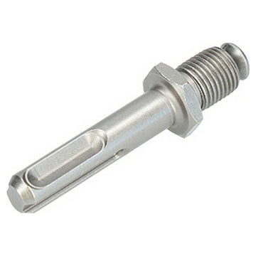 Silberfarbener SDS Plus Adapter mit Nut und Gewinde für Werkzeugbefestigung.
