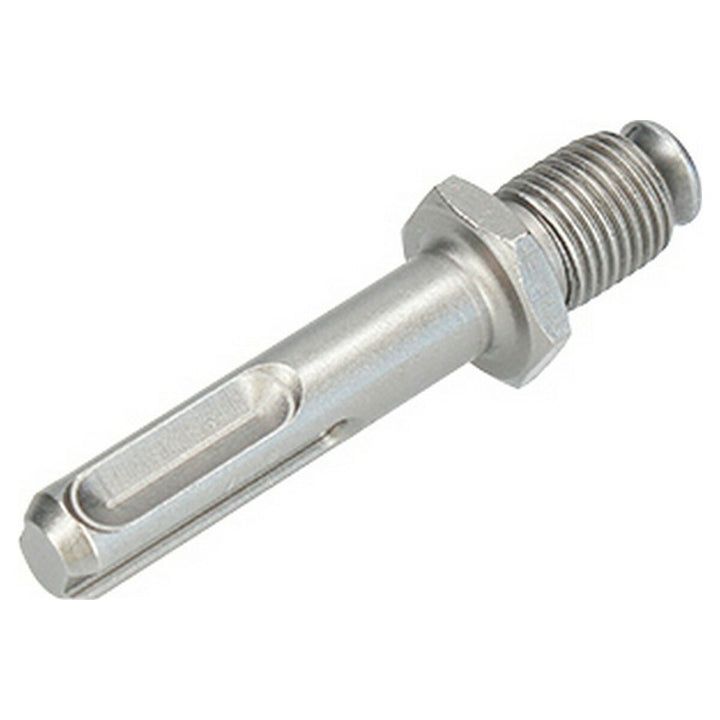 Silberfarbener SDS Plus Adapter mit Nut und Gewinde für Werkzeugbefestigung.