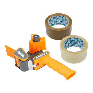 Orange Ferrestock Klebebandroller mit klarem und braunem Klebeband. Handbuch Klebeband.