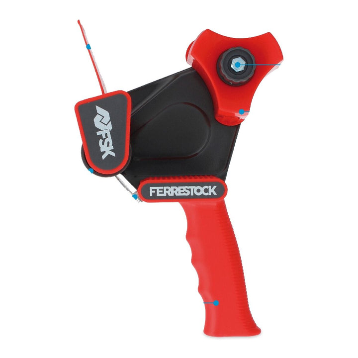 Rote Ferrestock Klebebandrolle mit Griff und Klinge für einfaches manuelles Abrollen.