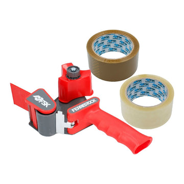 Roter Ferrestock Klebebandroller mit zwei Rollen Klebeband. Handbuch Klebeband.