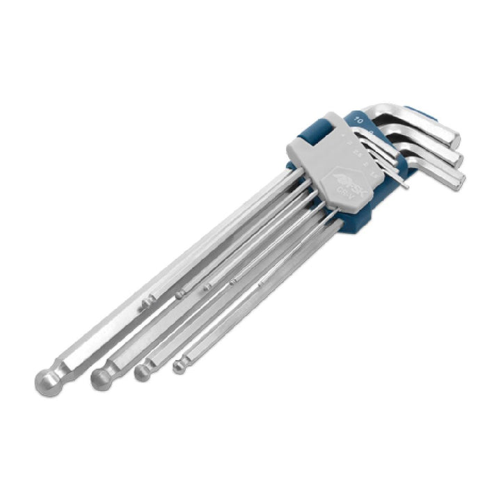 Ferrestock Inbusschlüsselset mit 9 silberfarbenen Schlüsseln und blau-grauem Halter.