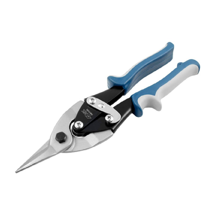 Blaue Ferrestock Blechschere, Legierung, mit Metallschneidekopf und blau-weißen Griffen.
