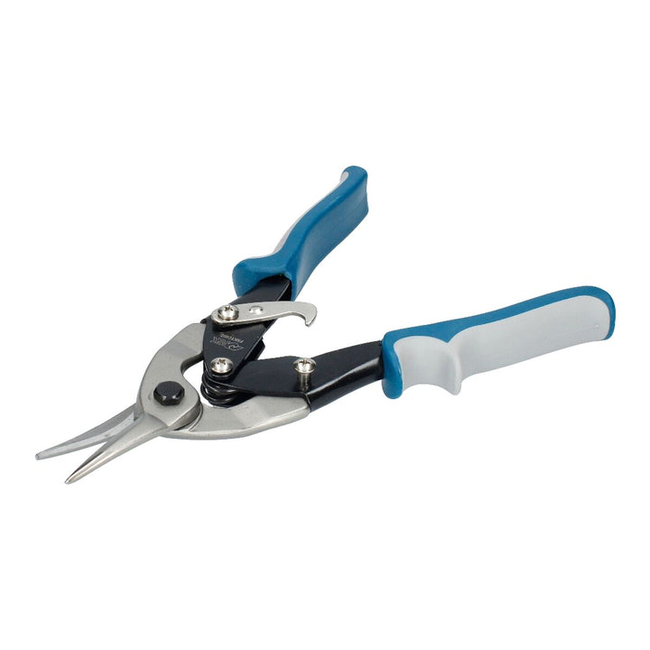 Blaue Ferrestock Blechschere mit Legierung Klinge und ergonomischen Griffen.