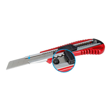 Roter Ferrestock Cutter 18 mm. Scharfe Klinge und schwarzer Schieber zur Klingeneinstellung.