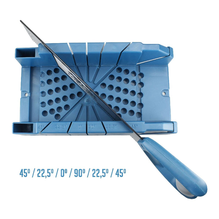 Blaue Ferrestock Gehrungssäge mit voreingestellten Winkeln für präzise Schnitte.