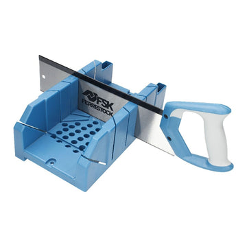 Blaue Ferrestock Gehrungssäge mit Sägeblatt und Griff. Gehrungssäge für präzise Schnitte.