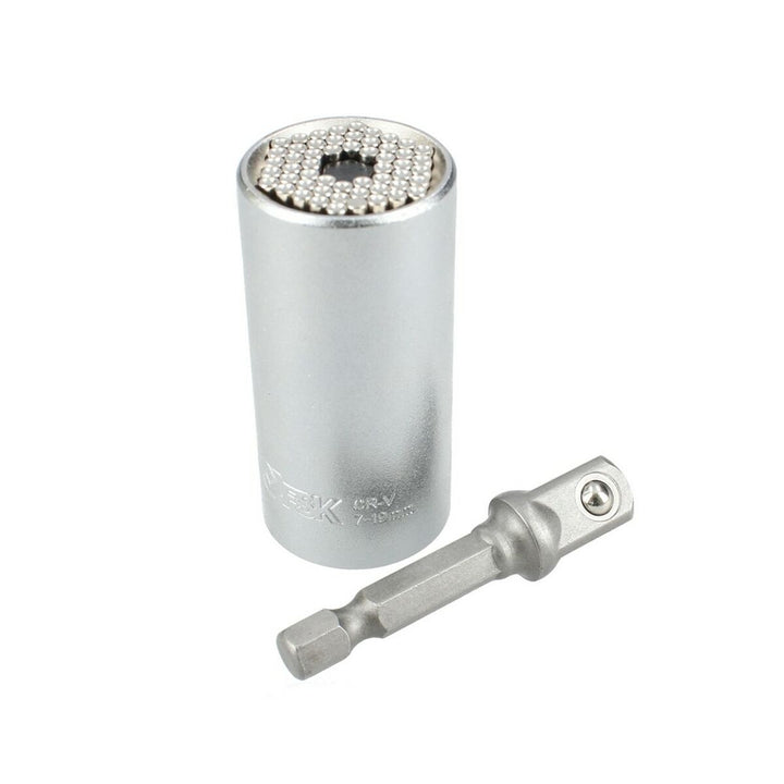 Ferrestock Steckschlüssel-Nuss aus Stahl (7-19mm) mit Adapter. Silberfarbenes Finish und vielseitige Griffstifte.