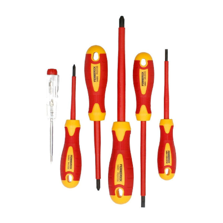 Ferrestock Schraubendreher Set mit 6 Teilen. Rot-gelbe Griffe und verschiedene Größen.
