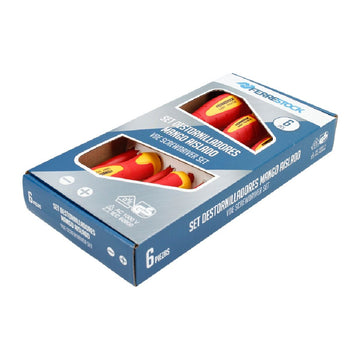 Ferrestock Schraubendreher-Set mit 6 Teilen. Isolierte Schraubendreher mit roten und gelben Griffen in Box.