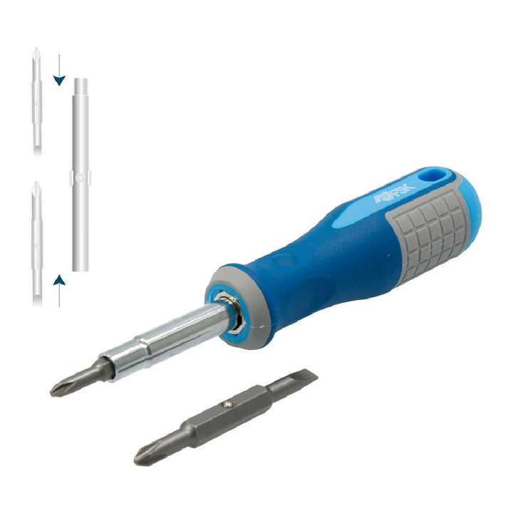 Ferrestock 6-in-1 Schraubenzieher mit blau-grauem Griff und austauschbaren Bits für verschiedene Schraubentypen.