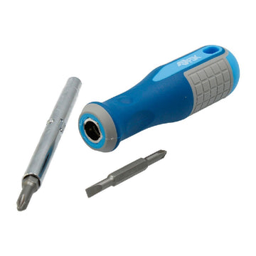 Blauer 6 in 1 Schraubenzieher mit verschiedenen Schraubenzieher-Bits für Heimwerker.