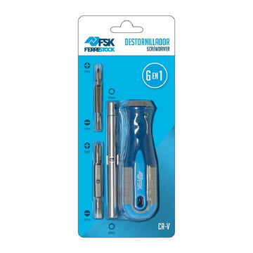 Ferrestock 6-in-1 Schraubenzieher-Set mit blauem Griff und verschiedenen Schraubenkopfgrößen.