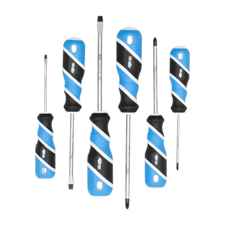 Ferrestock Schraubendreher Set mit 6 Teilen. Verschiedene Schraubendreher-Typen mit blau-weiß-schwarzen Griffen.