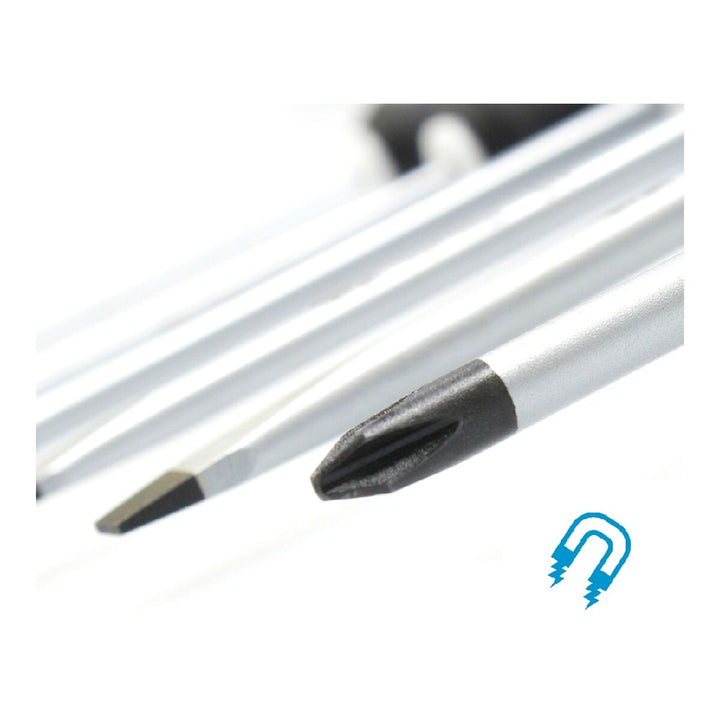 Ferrestock Schraubendreher-Set mit silbernen Schäften und schwarzen Spitzen für präzise Arbeiten.