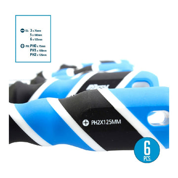 Nahaufnahme des Ferrestock Schraubendreher-Sets (6 Stück) mit blau-weißem Griff und Größenangabe.