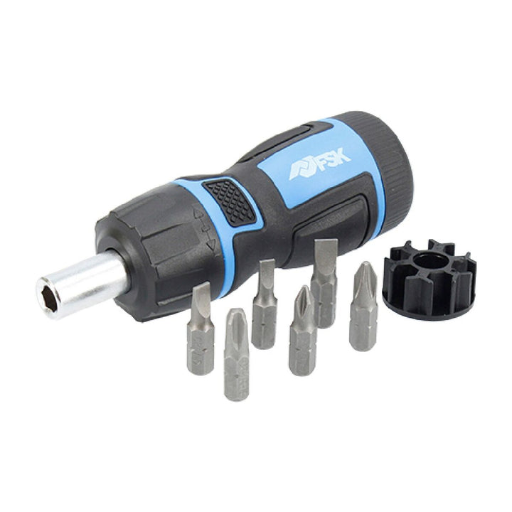 Ferrestock Schraubendreher Set mit Bits und Ratschen-Schraubendreher mit blau-schwarzem Griff.
