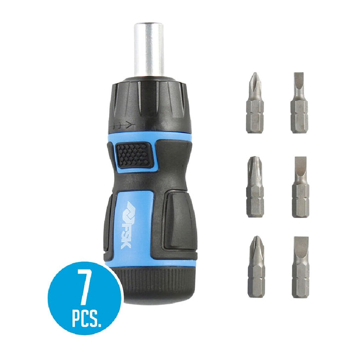 Ferrestock Ratschen-Schraubendreher-Set mit blau-schwarzem Griff und sechs Schraubendreher-Bits.