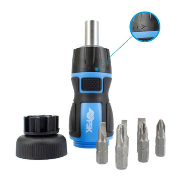 Ferrestock Ratschen-Schraubendreher Set mit blau-schwarzem Griff und verschiedenen Schraubendreher-Bits.