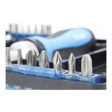 Ferrestock Schraubendreher-Set mit verschiedenen Schraubendreher-Köpfen und blau-schwarzem Griff.