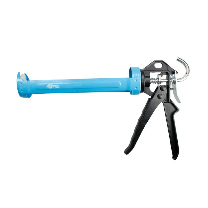 Blaue Ferrestock Silikonspritze mit Metallmechanismus und schwarzem Griff.