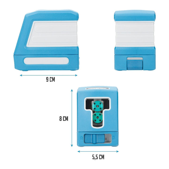 Blauer Ferrestock Laser 30 m. Kompaktes Design mit sichtbaren Laserkomponenten und Abmessungen.