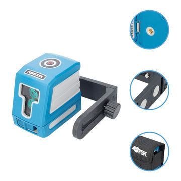 Blaue Ferrestock Laser Ebene mit magnetischer Halterung und schwarzer Tragetasche.