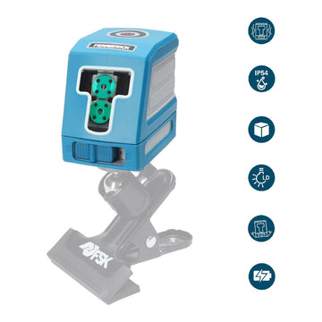 Blaue Ferrestock Laser Ebene mit Klammerhalterung und gut sichtbaren grünen Lasern.