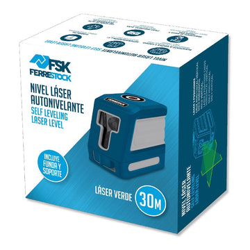 Ferrestock Laser Autonivelliergerät mit grüner Lasertechnologie und 30m Reichweite auf der Verpackung.